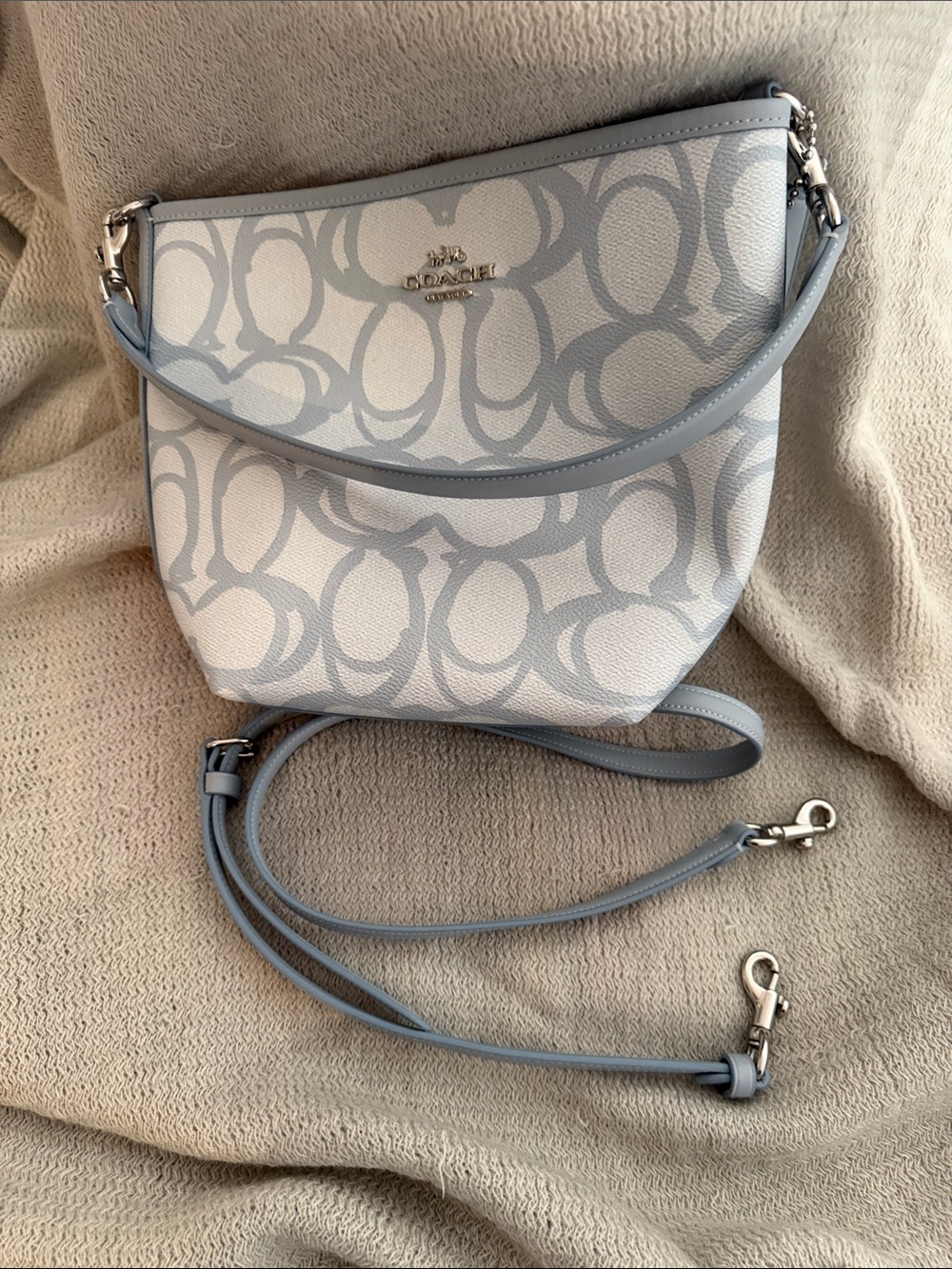 Coach Signature Crossbody Bag in Light Blue and White